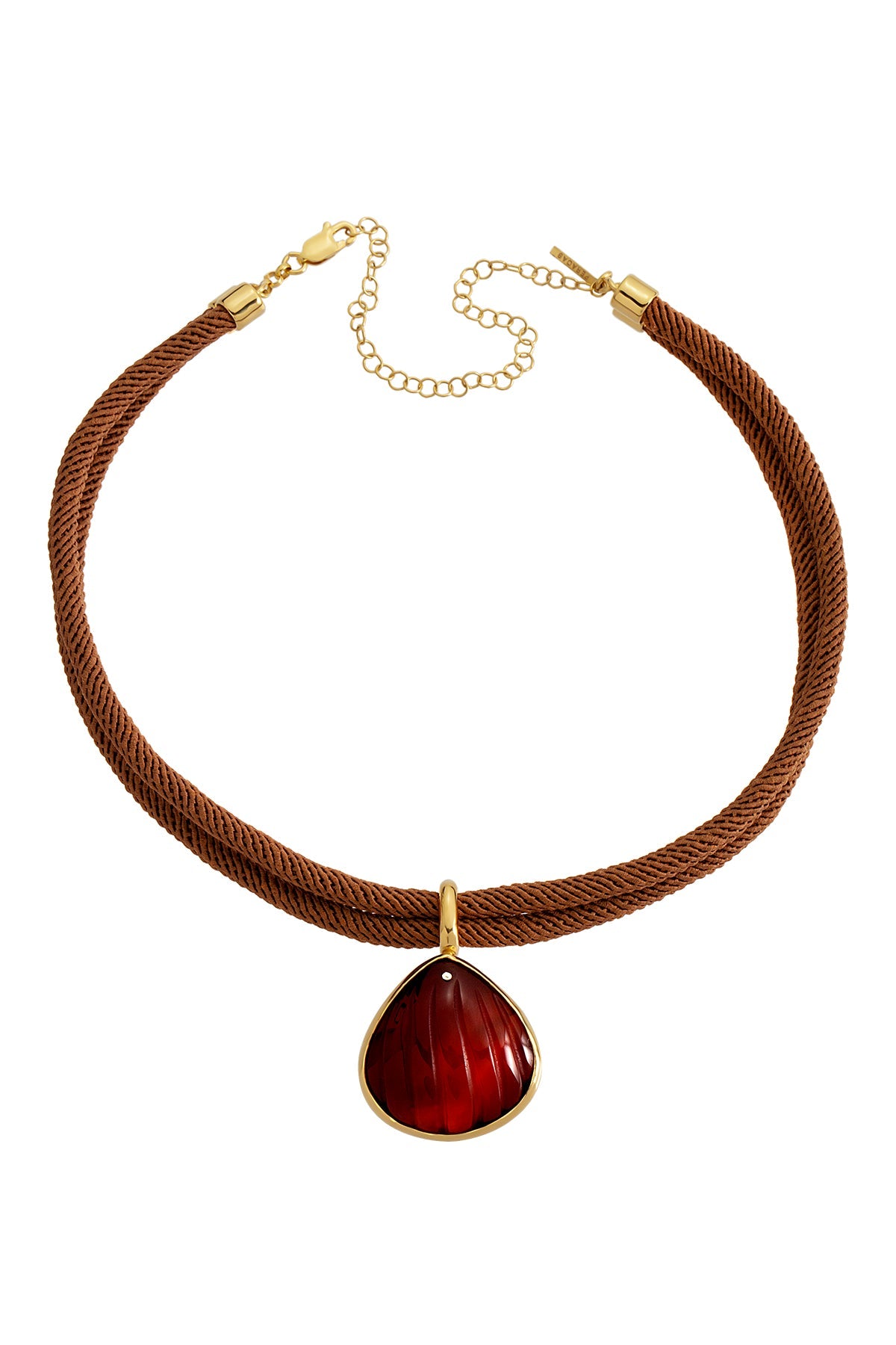 Brown necklace with a red teardrop pendant on a white background