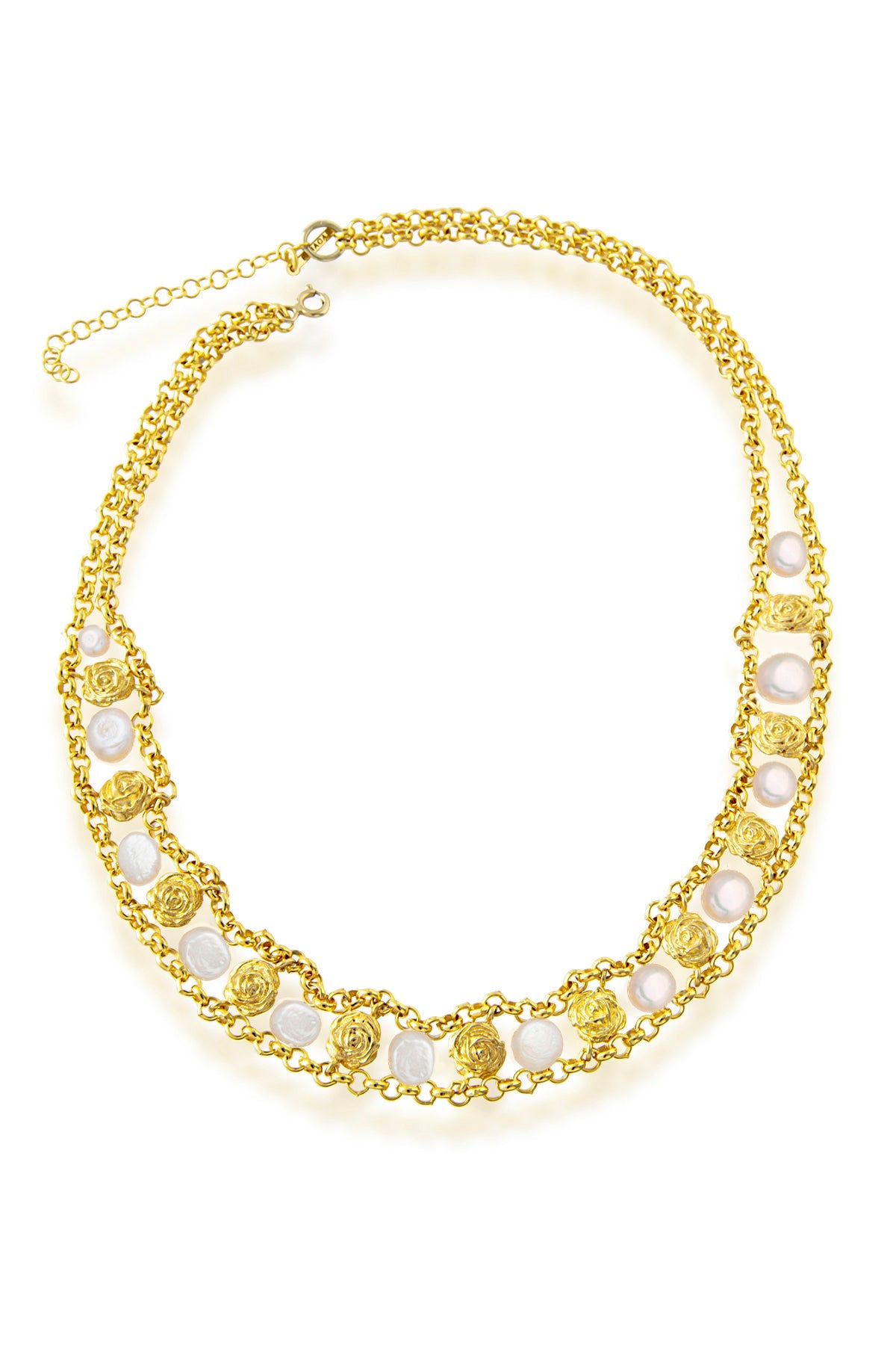 A gold-plated necklace with silver genuine baroque pearls, featuring a length of 30 + 5 cm.