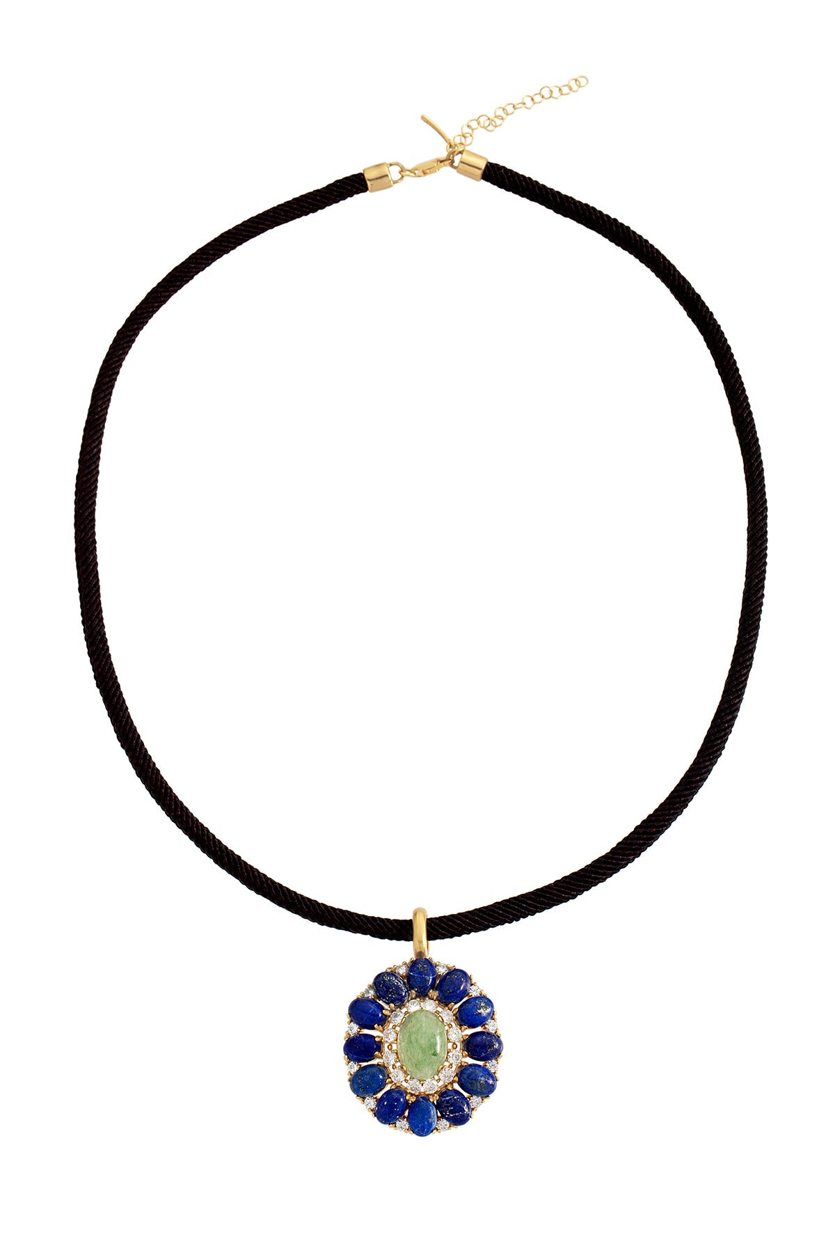 Necklace with a black cord and a pendant featuring blue and green stones on a white background