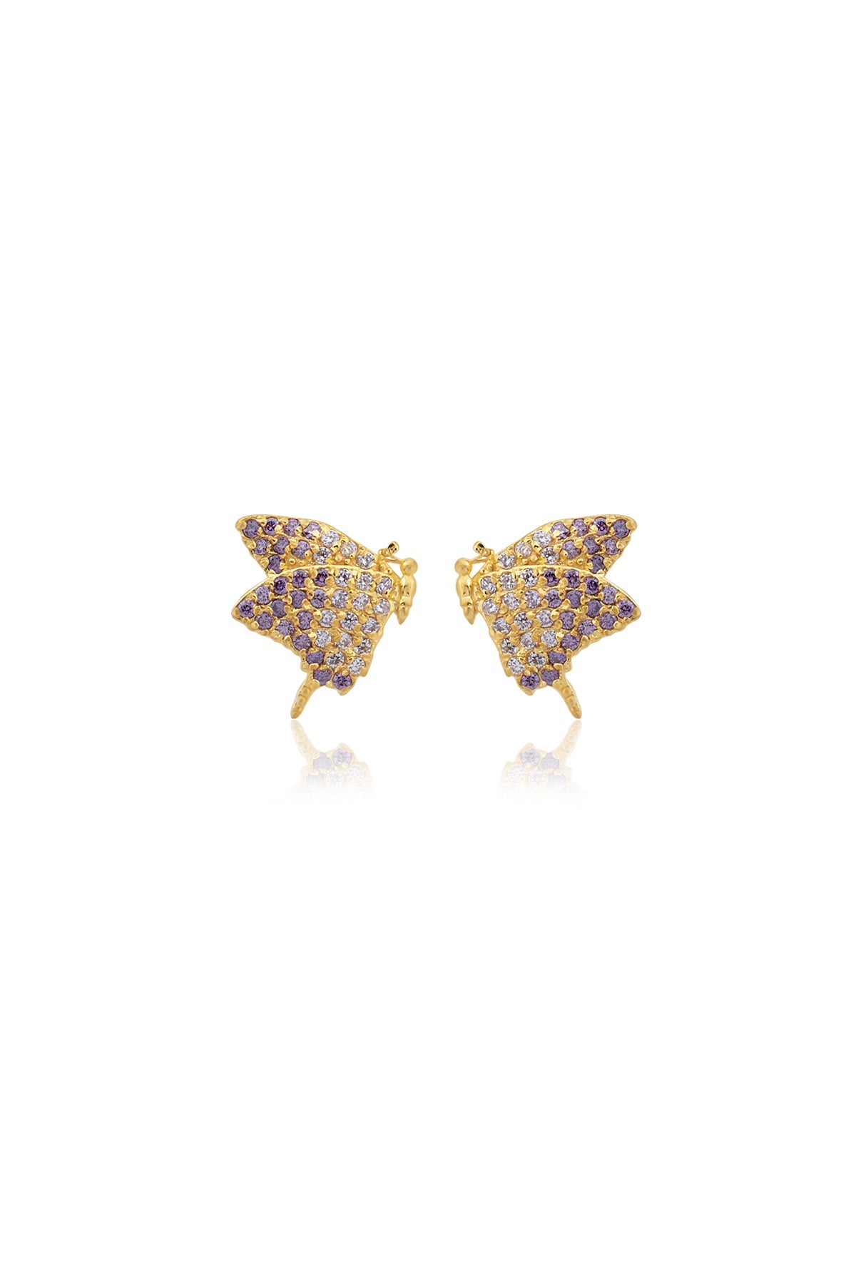 A pair of gold-plated bronze butterfly earrings adorned with Swarovski crystals, using a pin closure.