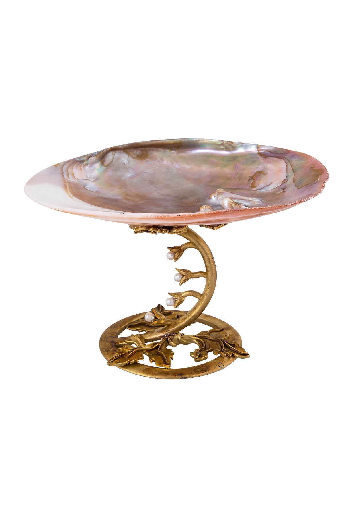 A bronze-colored metal decorative bowl with a Baroque pearl-like pattern on top, supported by a stand with leaf-like designs.
