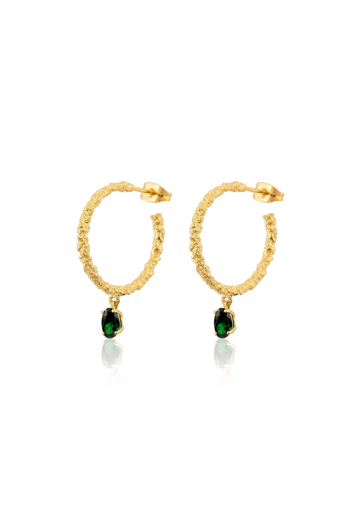 A pair of gold-colored hoop earrings with blue stones attached to the bottom, closed with a pin clasp.